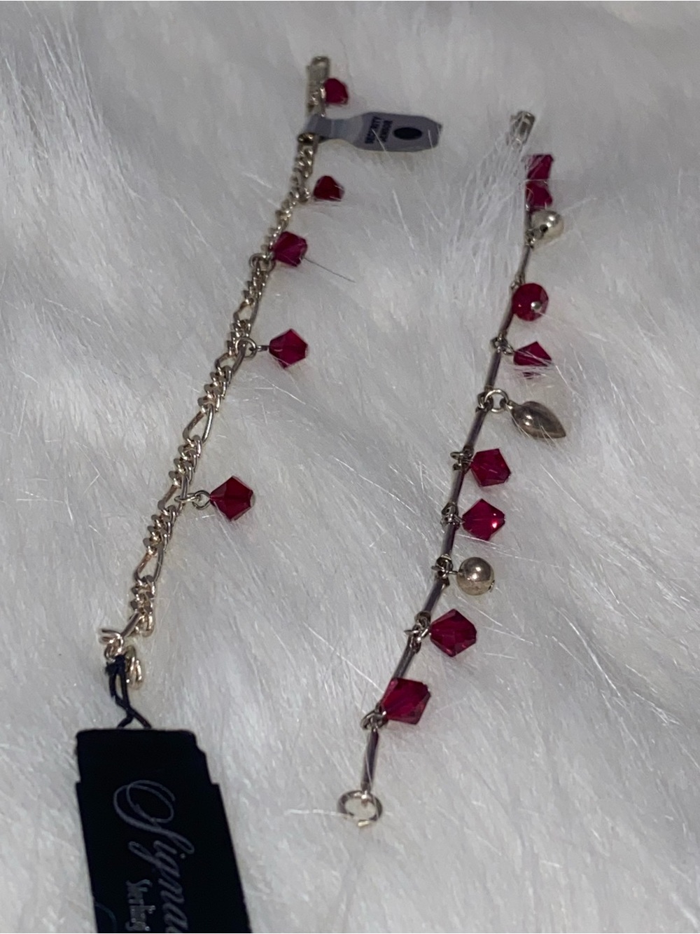 NWT Sterling Silver .925 Diamond Cut Figaro Chain Red Crystal Bracelet Set